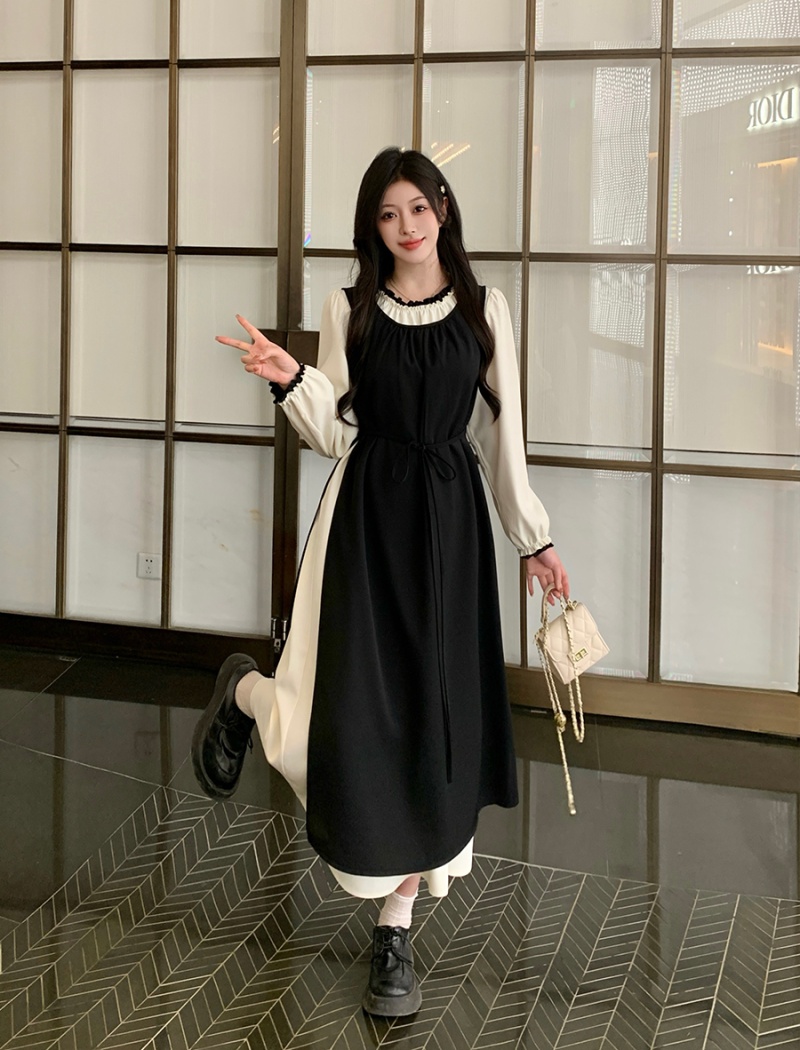 Black pinched waist large yard fat slim dress 2pcs set for women