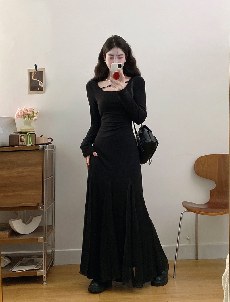 Temperament black slim large yard dress for women