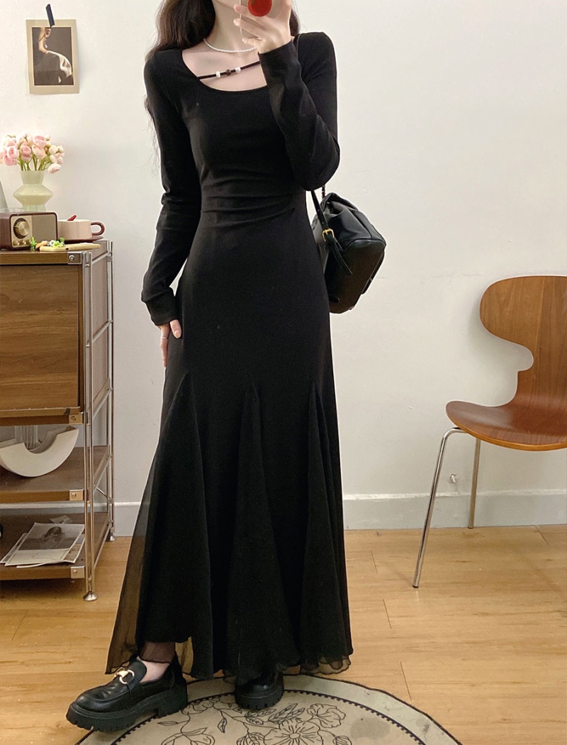 Temperament black slim large yard dress for women