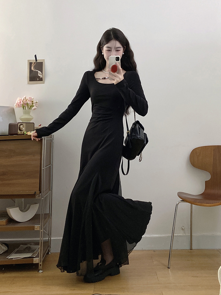 Temperament black slim large yard dress for women