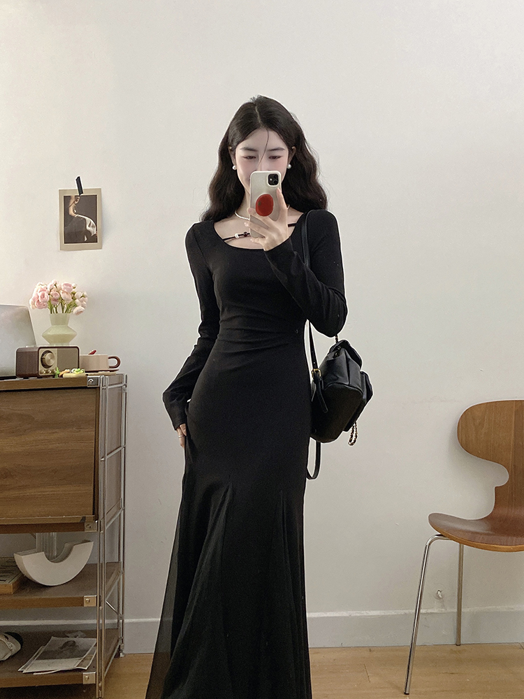 Temperament black slim large yard dress for women