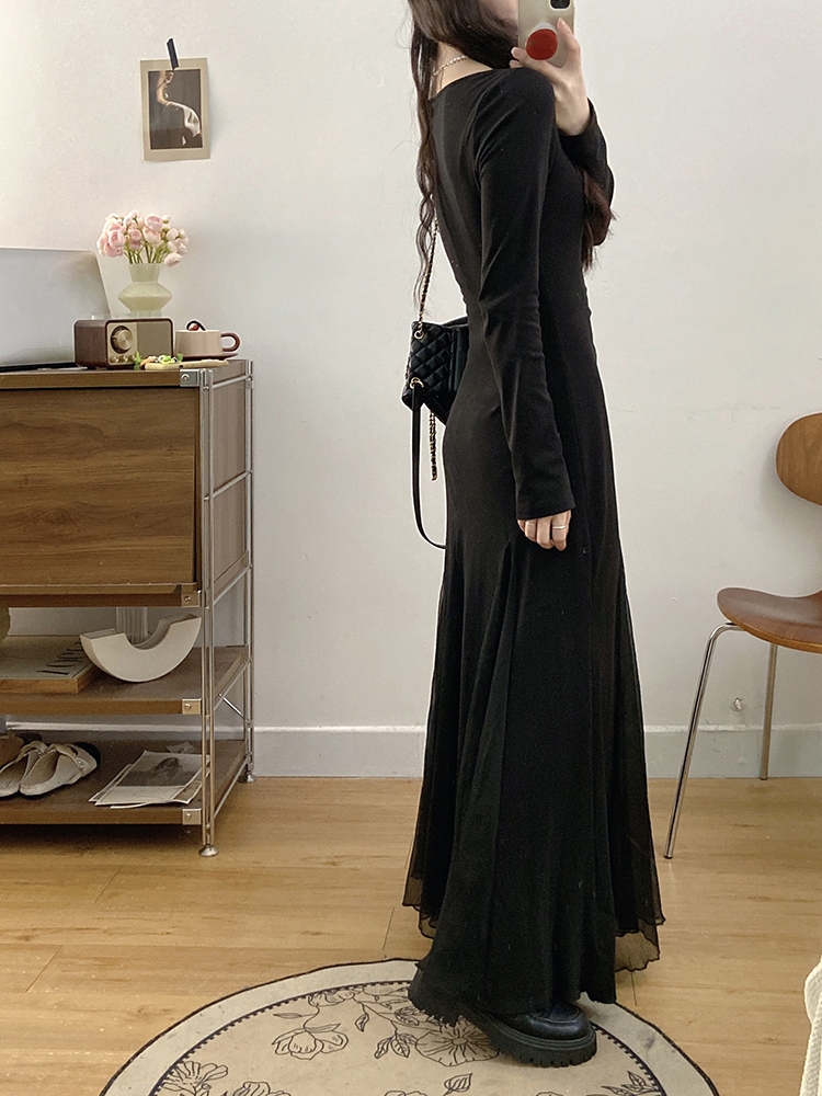 Temperament black slim large yard dress for women