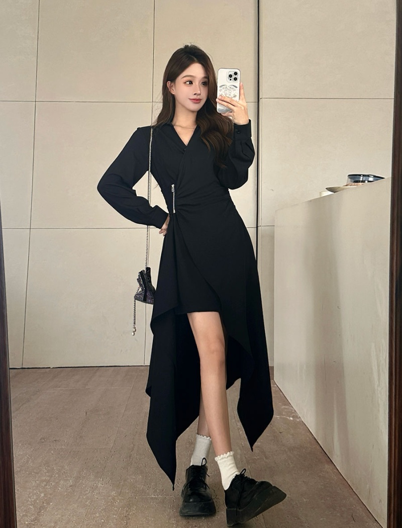 Zip black irregular skirt hem pure dress for women