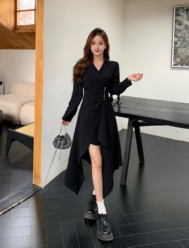 Zip black irregular skirt hem pure dress for women