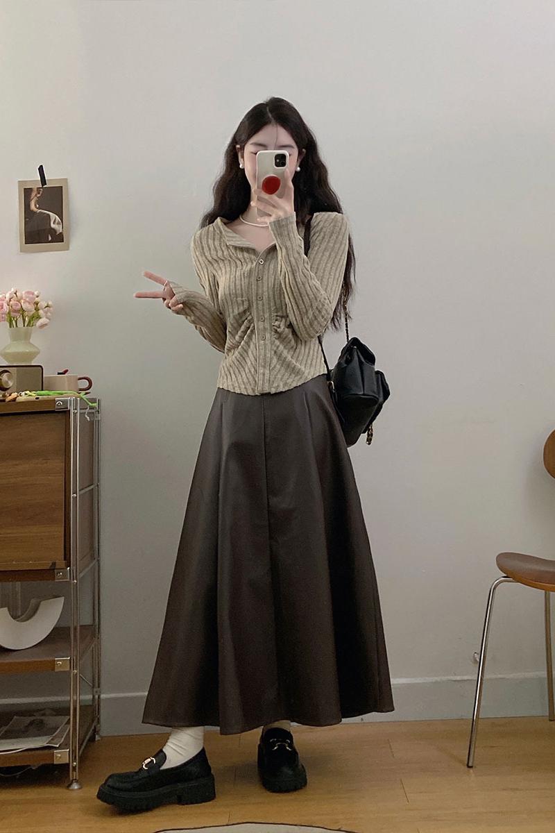 PU knitted skirt fat large yard cardigan 2pcs set for women