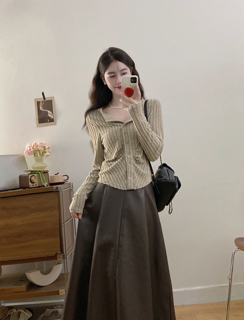 PU knitted skirt fat large yard cardigan 2pcs set for women