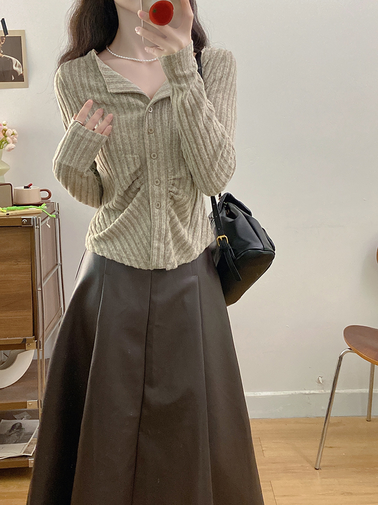 PU knitted skirt fat large yard cardigan 2pcs set for women