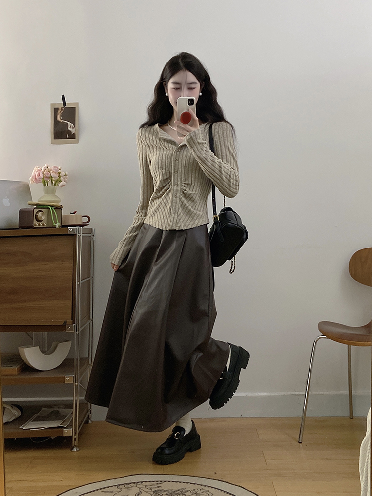 PU knitted skirt fat large yard cardigan 2pcs set for women