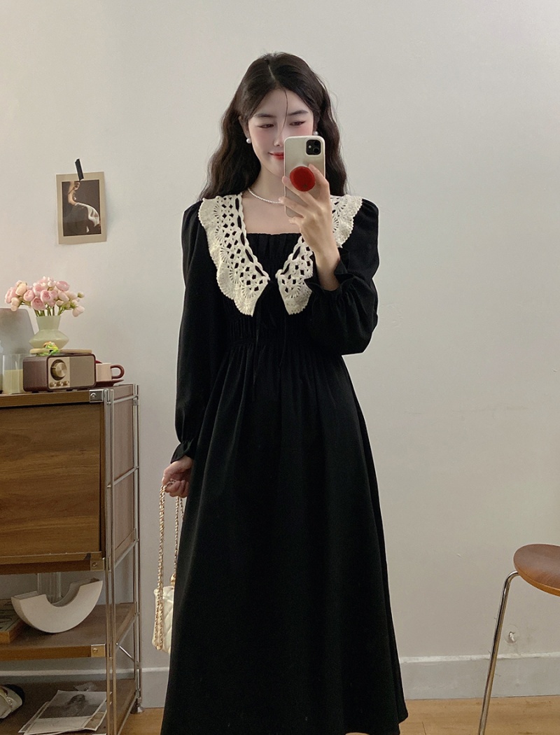 Large yard lace collar splice black slim dress