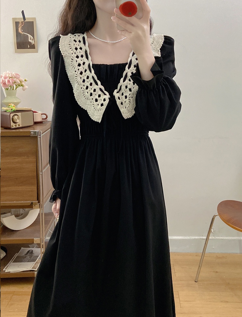 Large yard lace collar splice black slim dress