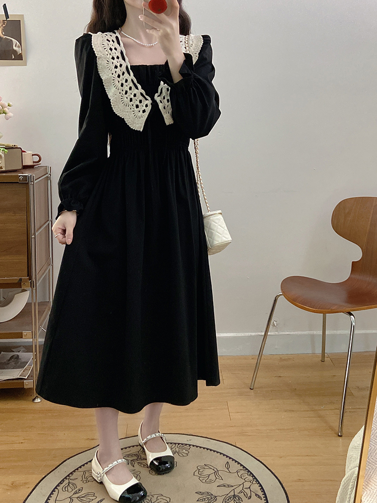 Large yard lace collar splice black slim dress