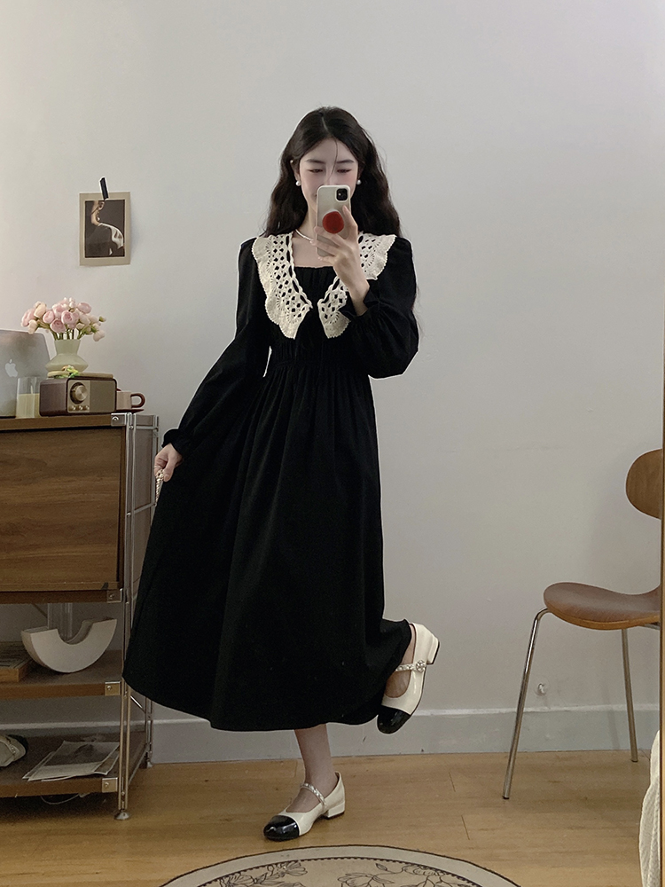 Large yard lace collar splice black slim dress