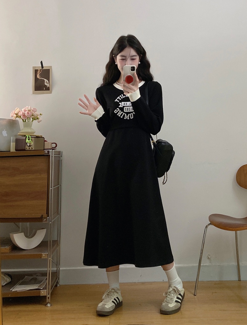 Round neck large yard temperament fat slim black dress