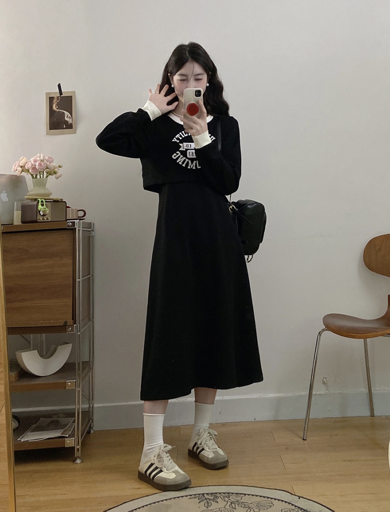 Round neck large yard temperament fat slim black dress