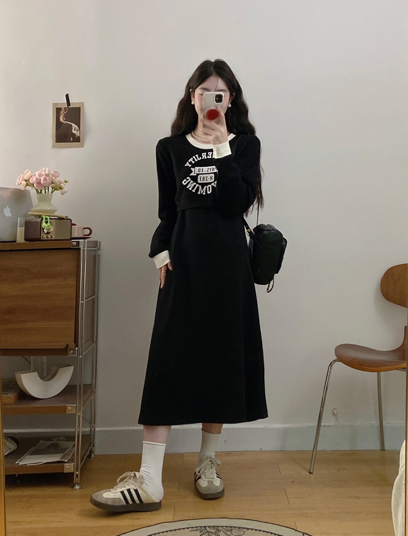 Round neck large yard temperament fat slim black dress