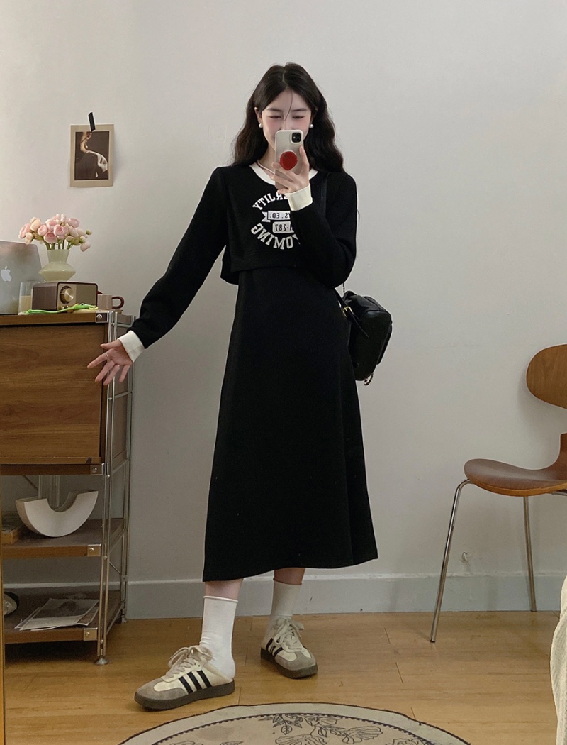 Round neck large yard temperament fat slim black dress