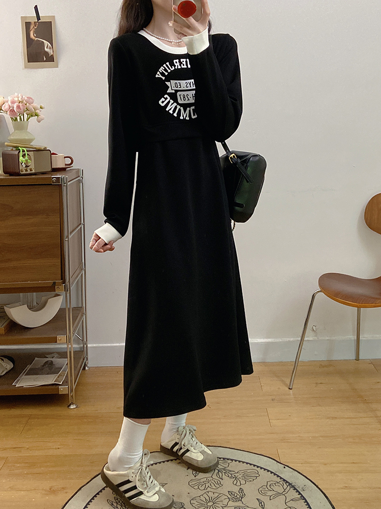 Round neck large yard temperament fat slim black dress