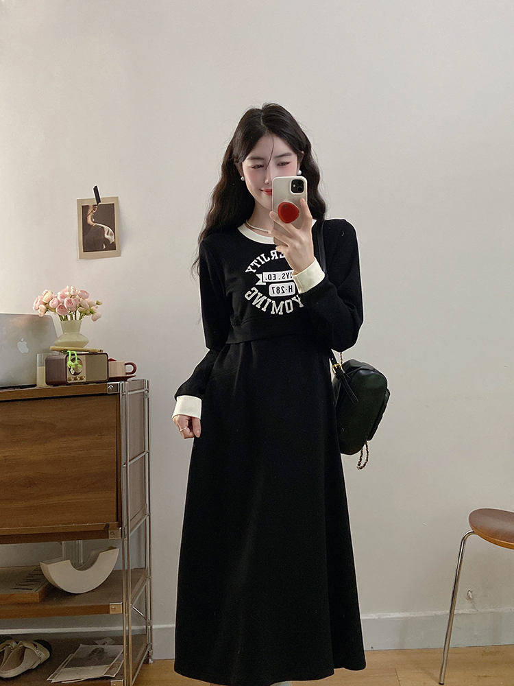 Round neck large yard temperament fat slim black dress