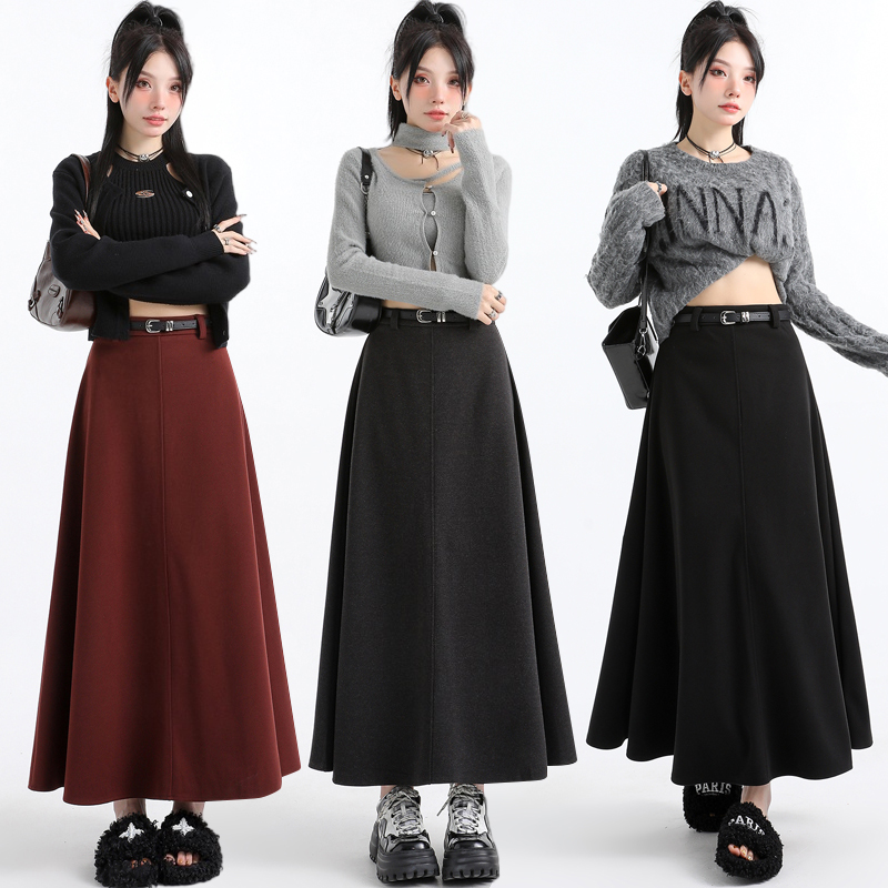 High waist autumn and winter woolen long A-line skirt