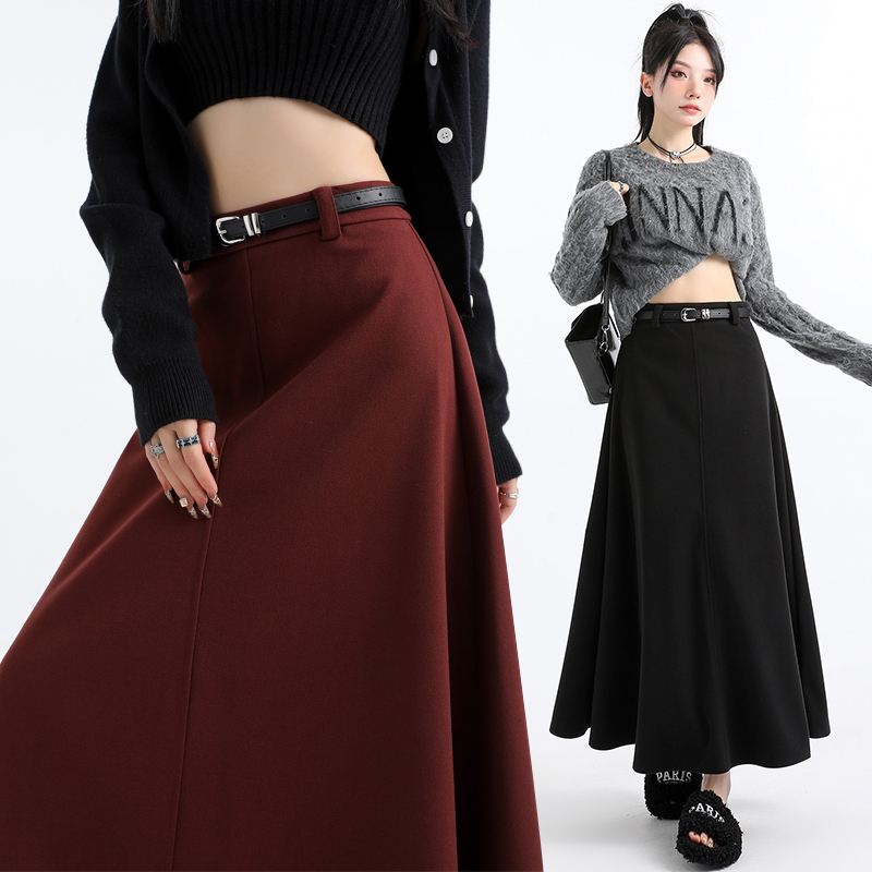 High waist autumn and winter woolen long A-line skirt