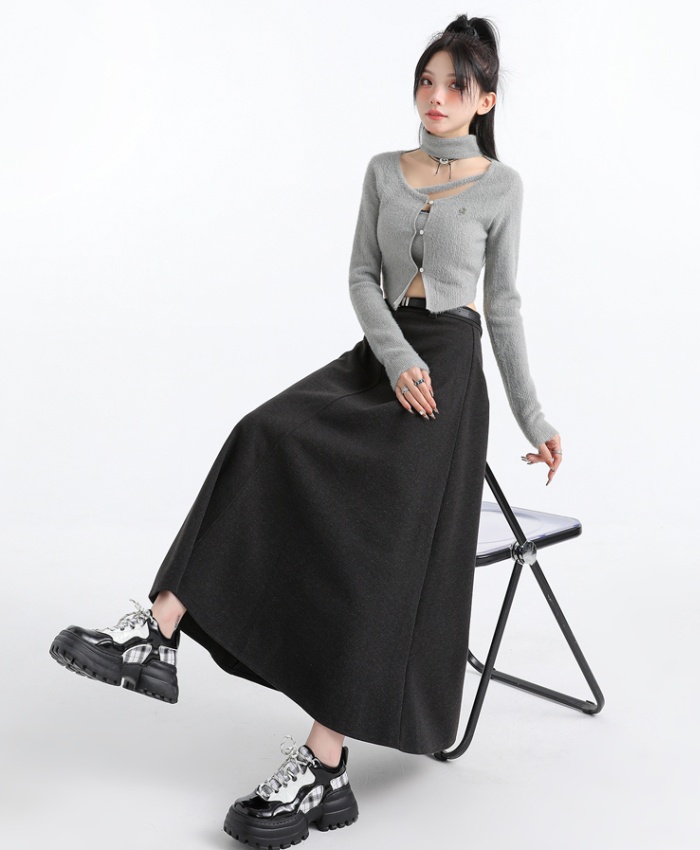 High waist autumn and winter woolen long A-line skirt