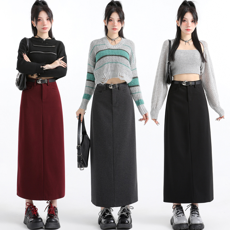 Straight woolen after the split skirt for women