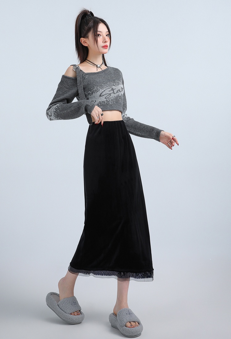 High waist autumn and winter skirt splice long dress