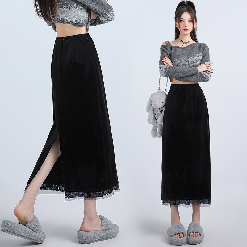 Plus velvet slim skirt package hip long dress for women