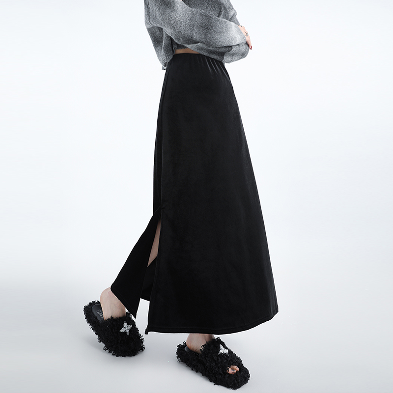 Golden velvet black long skirt A-line skirt for women