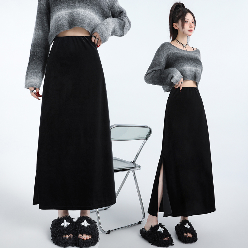 Golden velvet black long skirt A-line skirt for women