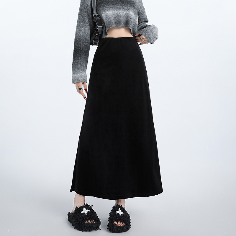 Golden velvet black long skirt A-line skirt for women