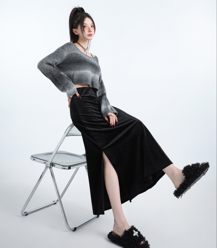 Golden velvet black long skirt A-line skirt for women