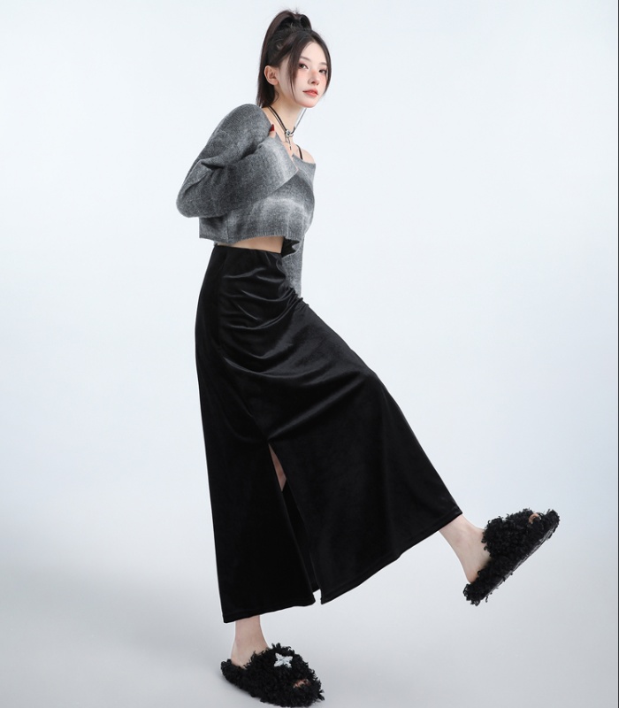 Golden velvet black long skirt A-line skirt for women