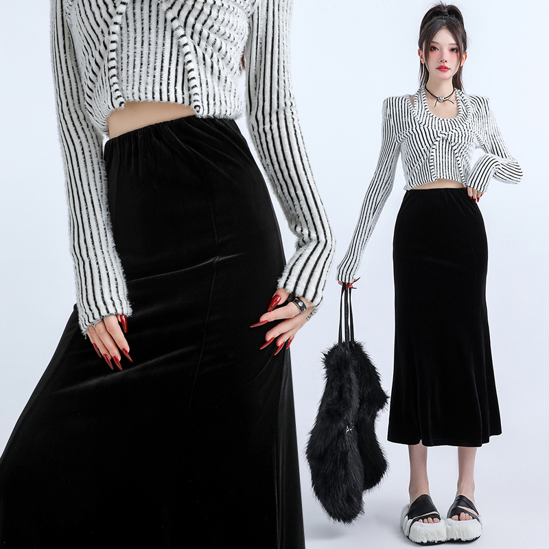 Package hip autumn long dress golden velvet skirt for women