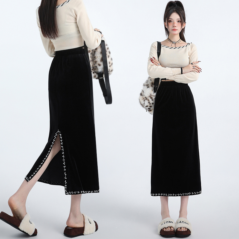 Autumn split long dress drape elastic waist skirt for women