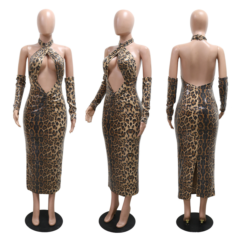 European style leopard sexy banquet hollow sequins dress