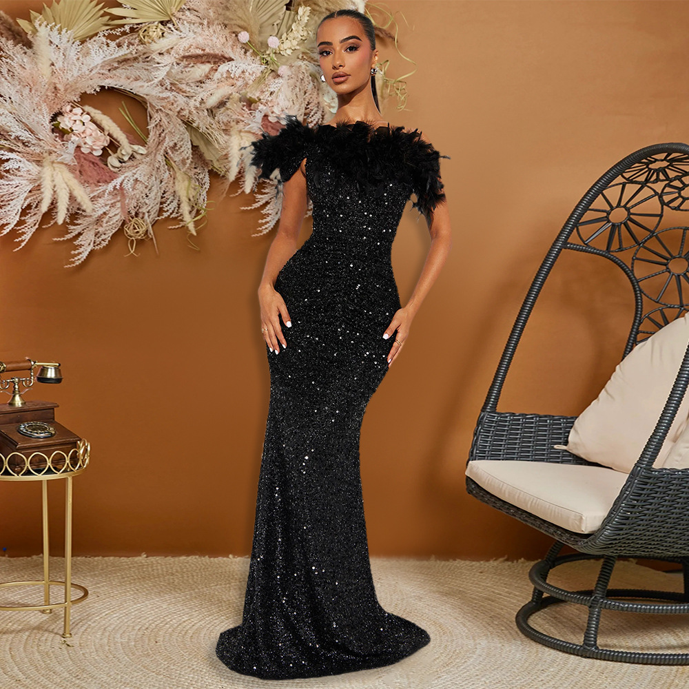 Sexy sequins formal dress feather black dress for women