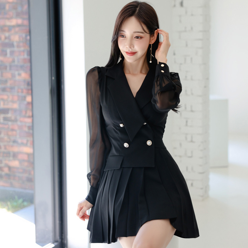 Pinched waist temperament business suit pleated dress