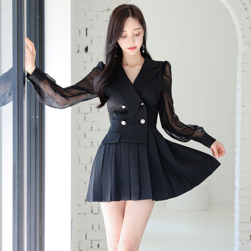 Pinched waist temperament business suit pleated dress