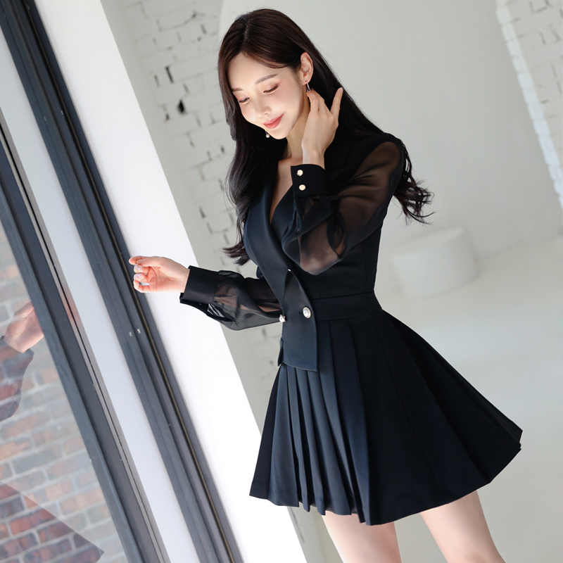 Pinched waist temperament business suit pleated dress