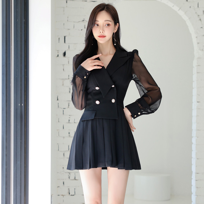 Pinched waist temperament business suit pleated dress