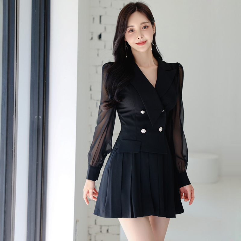 Pinched waist temperament business suit pleated dress