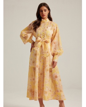 France style floral retro court style long sleeve dress