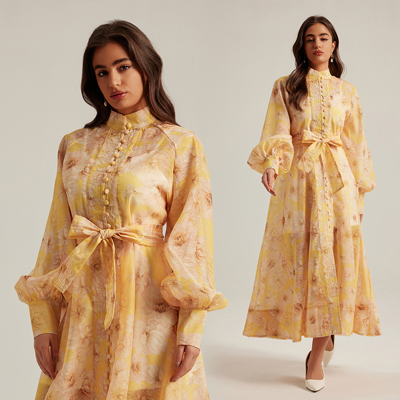 France style floral retro court style long sleeve dress