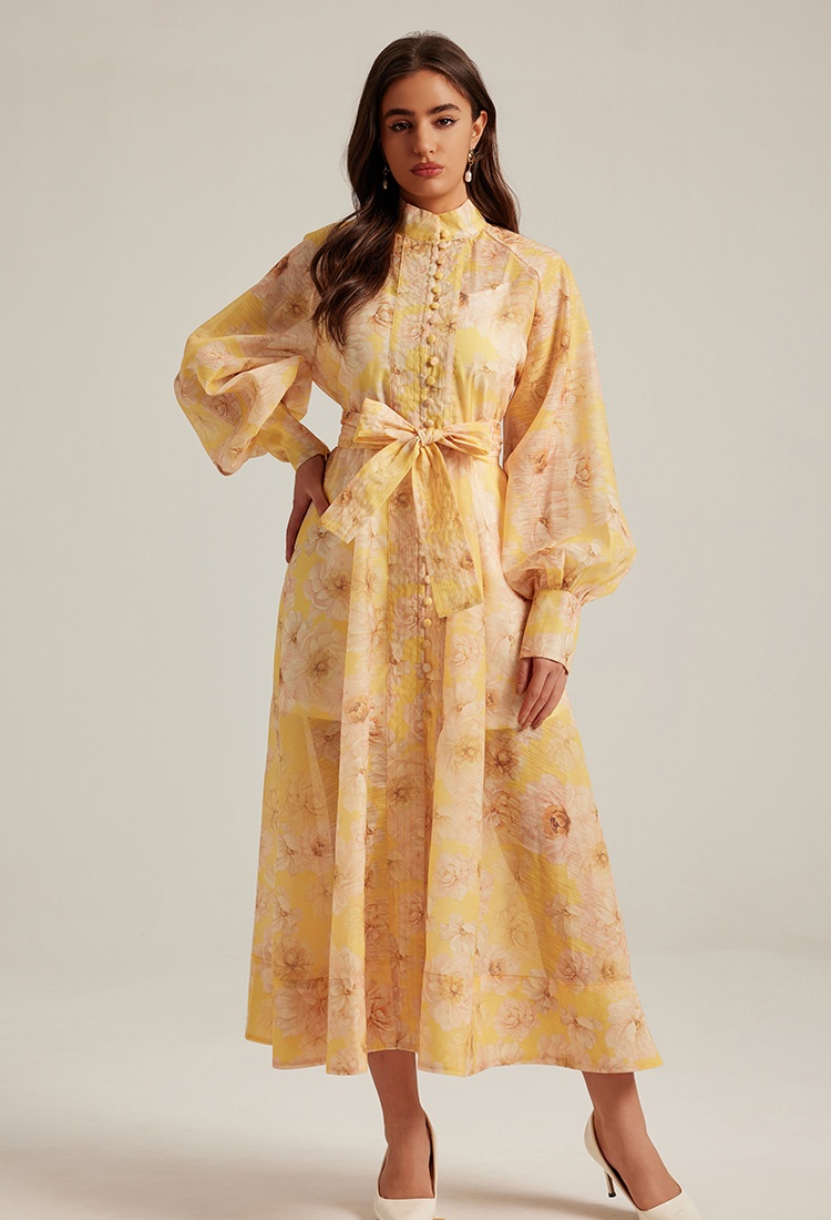 France style floral retro court style long sleeve dress