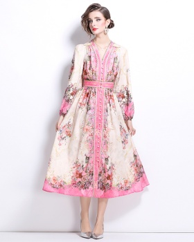 Elegant pinched waist retro temperament printing slim dress