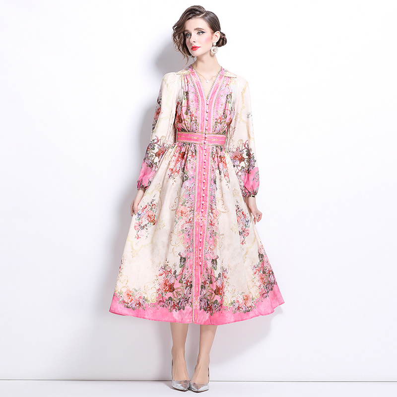 Elegant pinched waist retro temperament printing slim dress