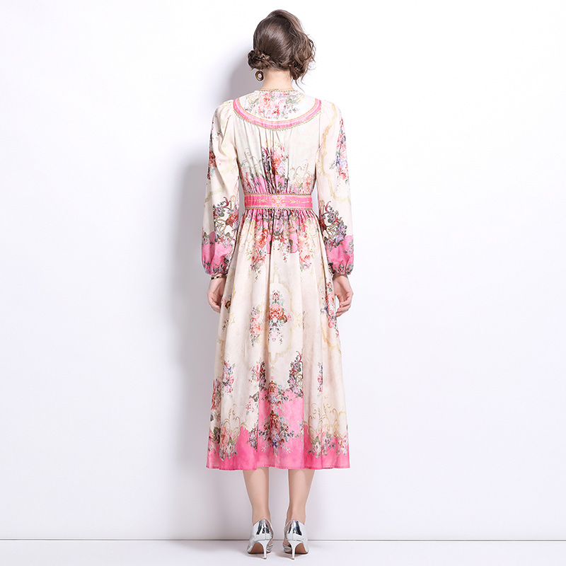 Elegant pinched waist retro temperament printing slim dress