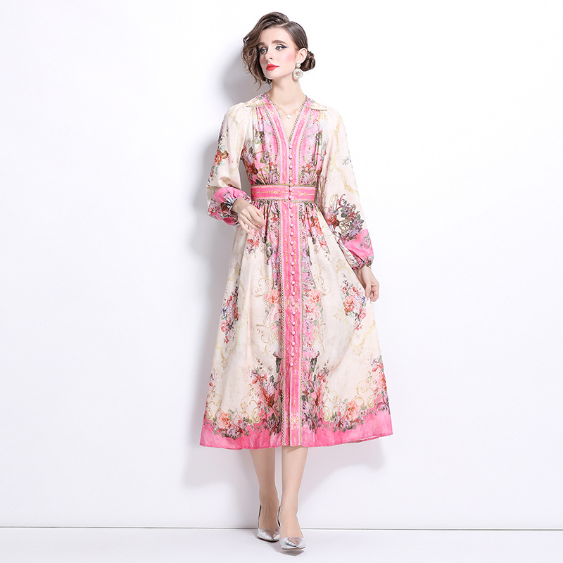 Elegant pinched waist retro temperament printing slim dress