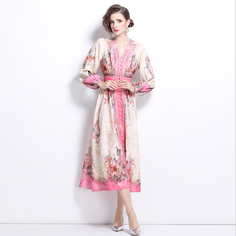 Elegant pinched waist retro temperament printing slim dress